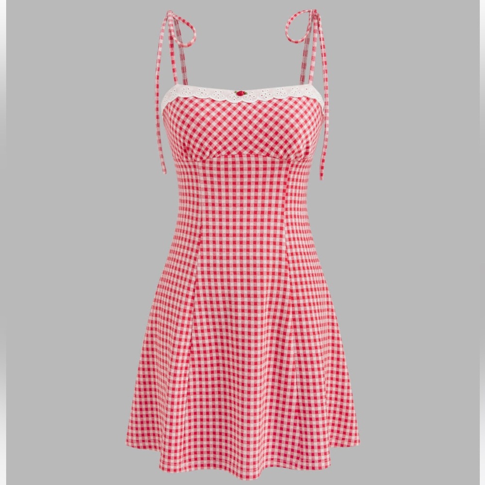 Cider SQUARE NECK GINGHAM BOWKNOT MINI DRESS